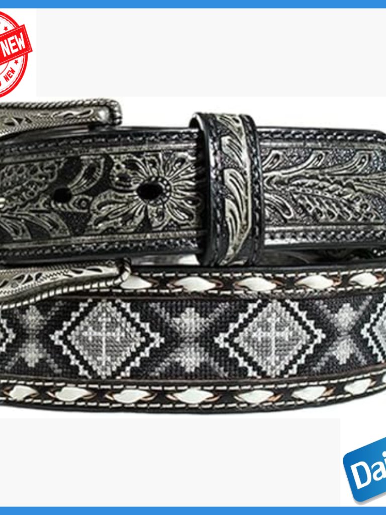 Genuine Leather Western Belt With Beaded Cross Design, Removable Buckle